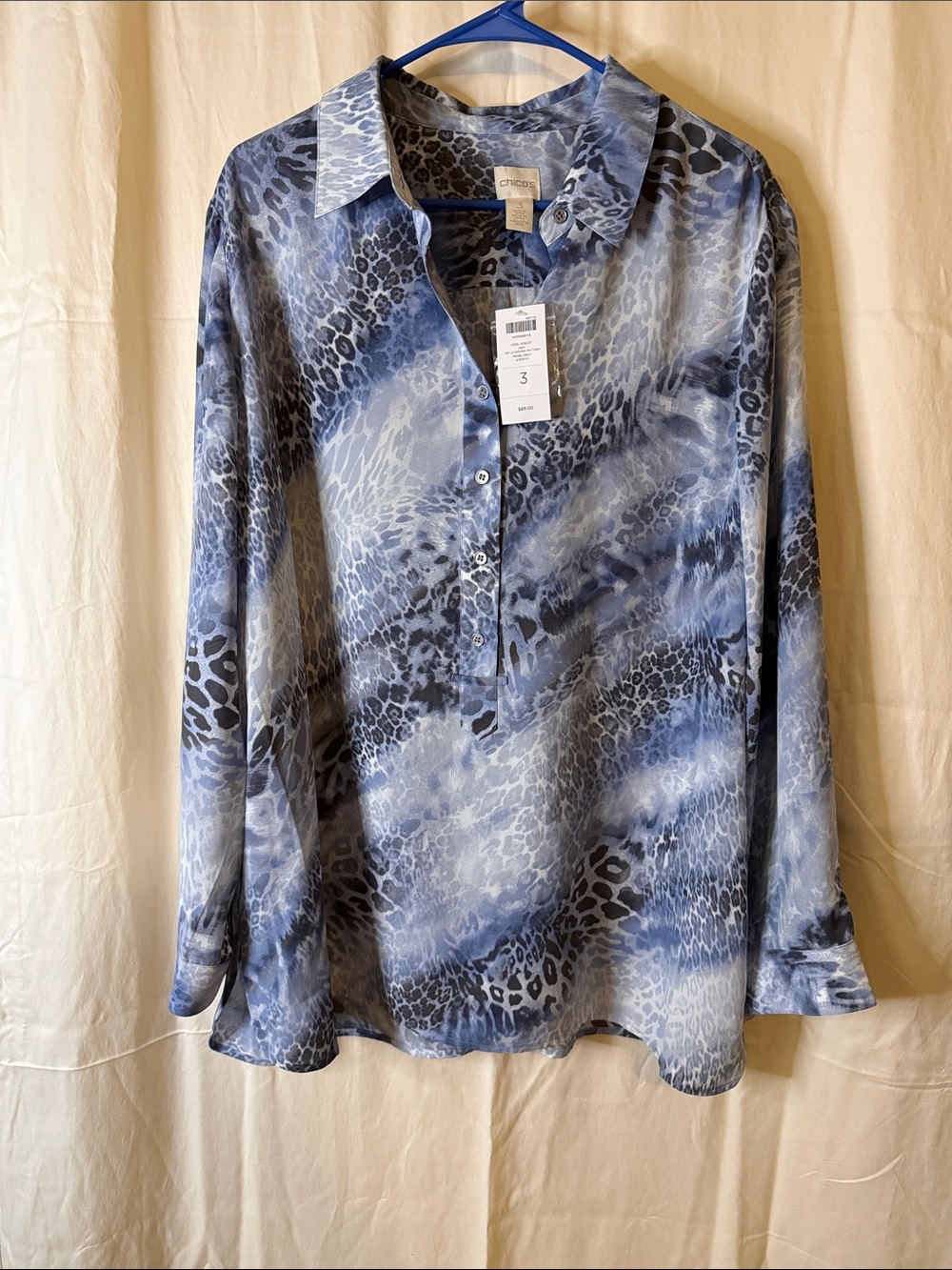 Chico's Blue and Gray Animal-Print Button-Front Shirt